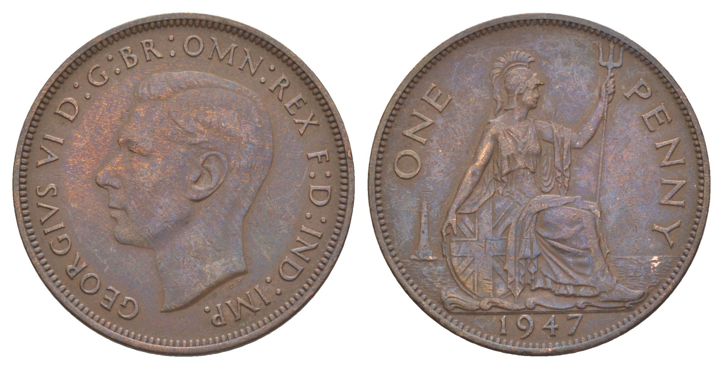 Великобритания 1 пенни 1947 Георг VI (1936-1952) KM 845, Spink 4114 бронза 4381-1212