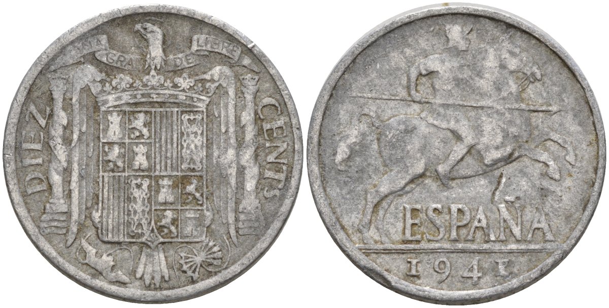 Испания 10 сентимо 1941 Франсиско Франко (1939 - 1975) KM 766 алюминий 4155-213