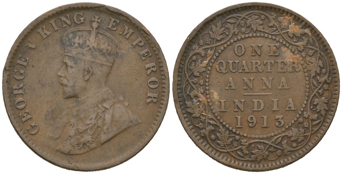 Британская Индия 1/4 анны 1913 Георг V (1910-1936) KM 512 бронза 98-1243