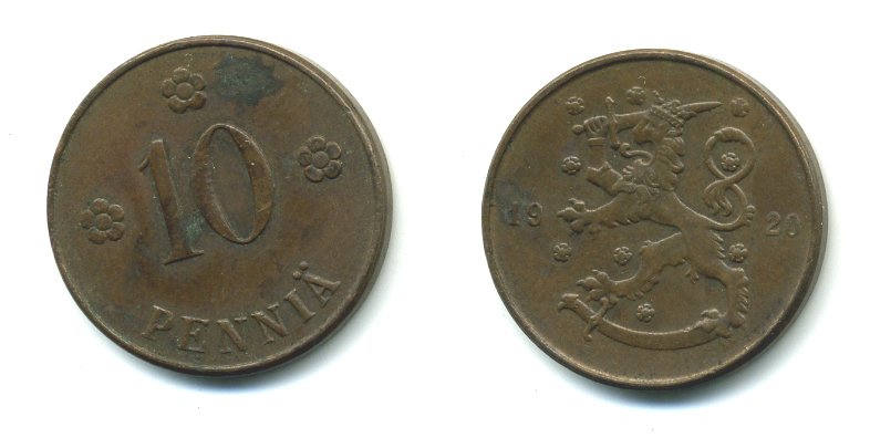 Финляндия 10 пенни 1920 республика (1918-1962) KM 24 медь 36-136