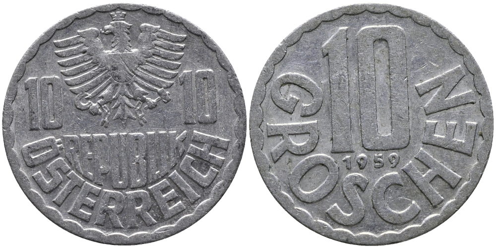 Австрия 10 грошей 1959 KM 2878 алюминий 33-352