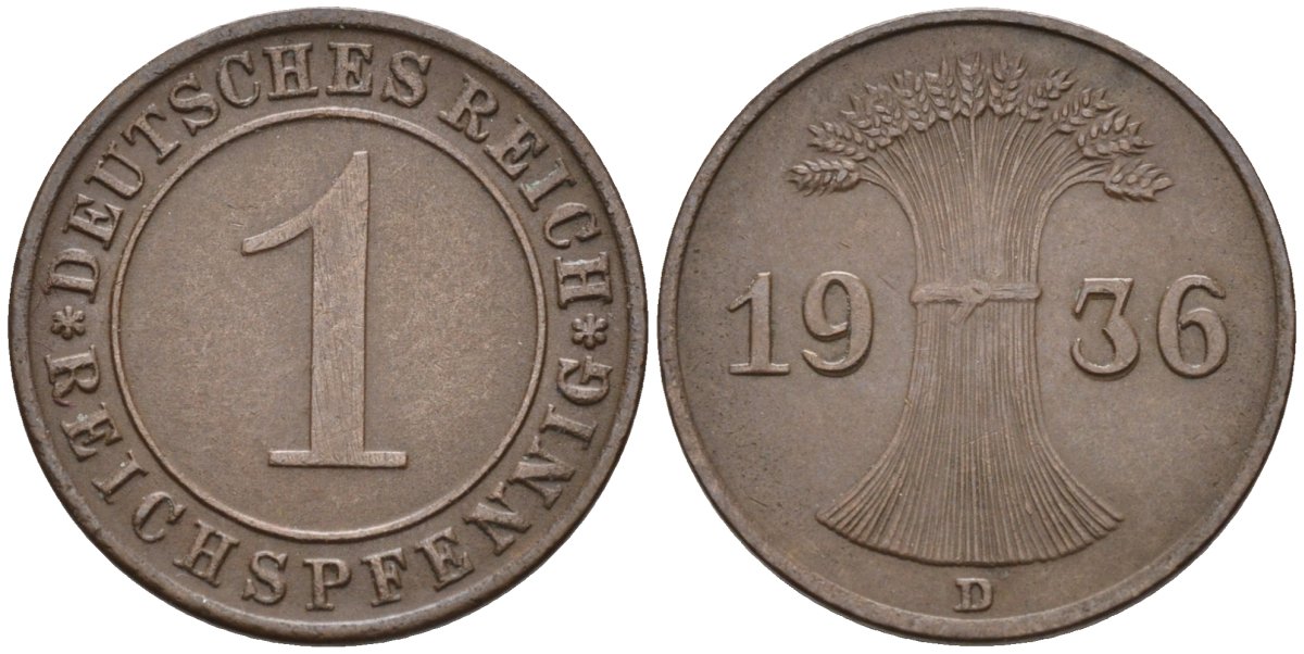 Германия 1 рейхспфенниг 1936 D KM 37, J.313, Weege 2 медь 4585-641