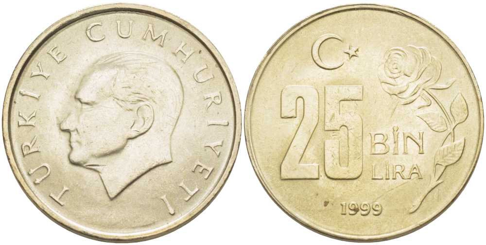 Турция 25000 лир 1999 Мустафа Кемаль Ататюрк KM 1041 медь никель цинк 202-435