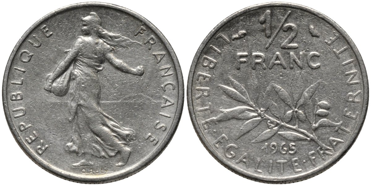 Франция 1/2 франка 1965 сеятель KM 931, Le Franc 198.3 никель 4576-1158