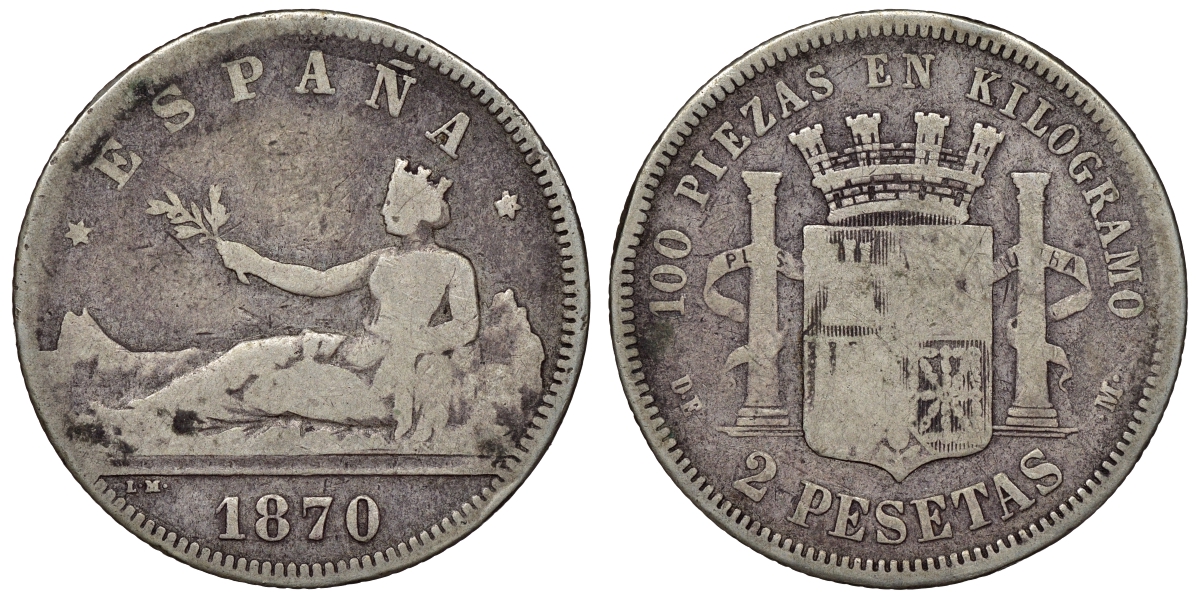 Испания 2 песеты 1870 (73) DE-M KM 654 серебро    4117-512