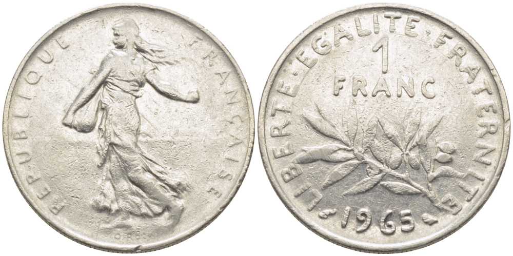 Франция 1 франк 1965 сеятель KM 925.1, Le Franc 226.9 никель 175-523