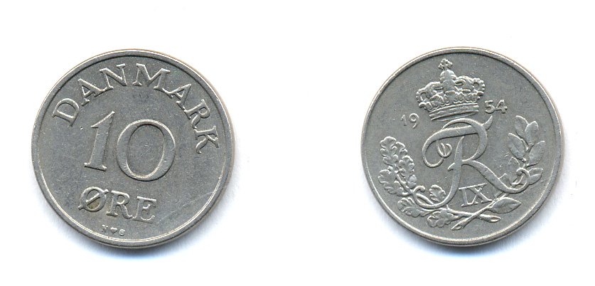 ДАНИЯ 10 ЭРЕ 1954 N; S, ФРЕДЕРИК IX (1947-1972) KM 841.1 медно-никель 51-4344
