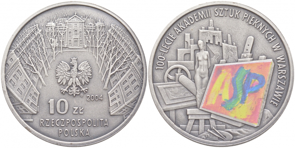 Польша 10 злотых 2004 MW, 100 лет академии изящных искусств, цветная эмаль KM 510 серебро PROOF 1087-8-54