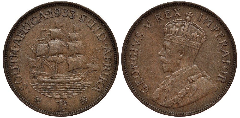 ЮАР 1 ПЕННИ 1933 ГЕОРГ V (1910-1936), ПАРУСНИК KM 14.3 бронза 4536-831