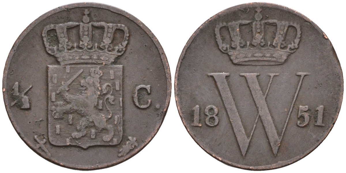 Нидерланды 1/2 цента 1851 Виллем III (1849-1890) KM 90 медь 4585-745