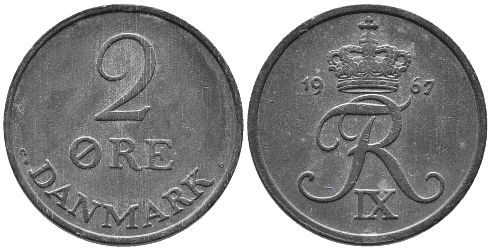ДАНИЯ 2 ЭРЕ 1967 C; S, ФРЕДЕРИК IX (1947-1972) KM 840.2 цинк 24-1127