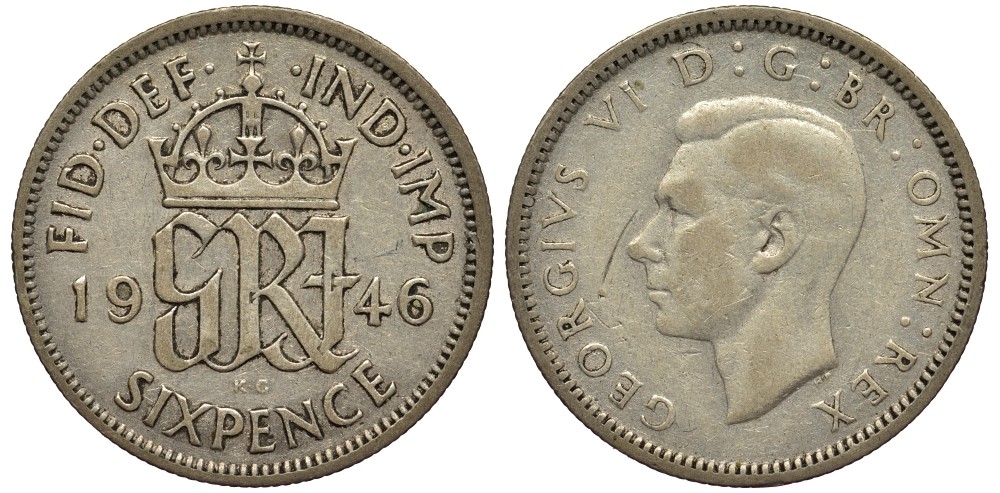 Великобритания 6 пенсов 1946 Георг VI (1936-1952) KM 852, Spink 4084 серебро 4538-626