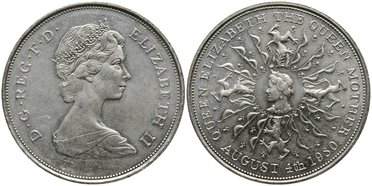 Великобритания 25 пенсов 1980 80 лет королеве Елизавете-королеве матери, Елизавета II (1952-2022) KM 921, Spink 2228 медно-никель UNC 4368-912