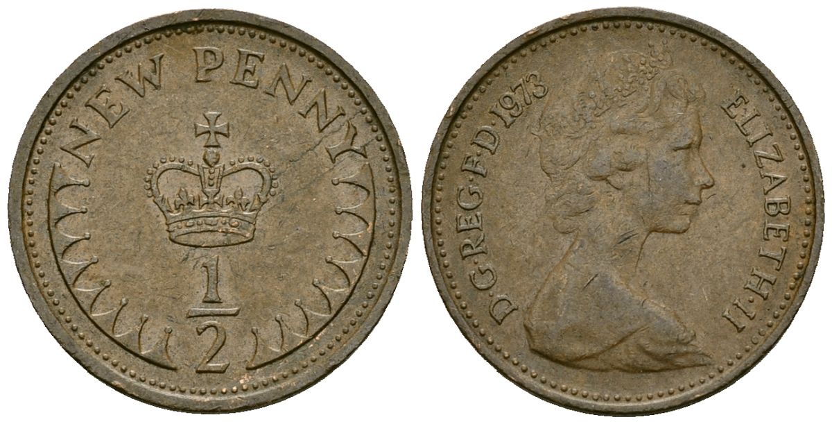 Великобритания 1/2 пенни 1973 Елизавета II (1952-2022) KM 914, Spink 4239 бронза 4173-1236