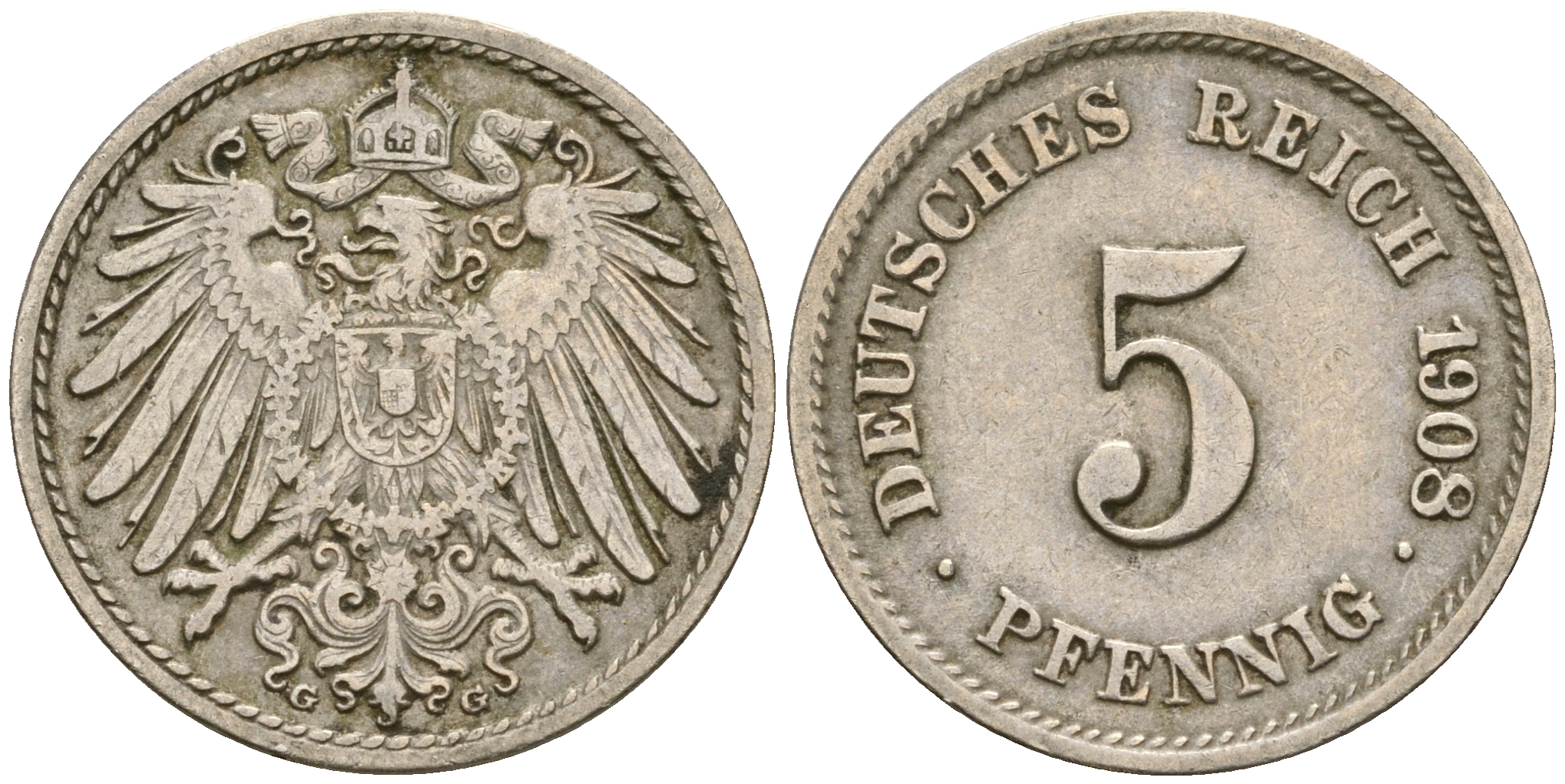 Германия 5 пфеннигов 1907 G, KM 11, J. 12 медно-никель 4364-4515