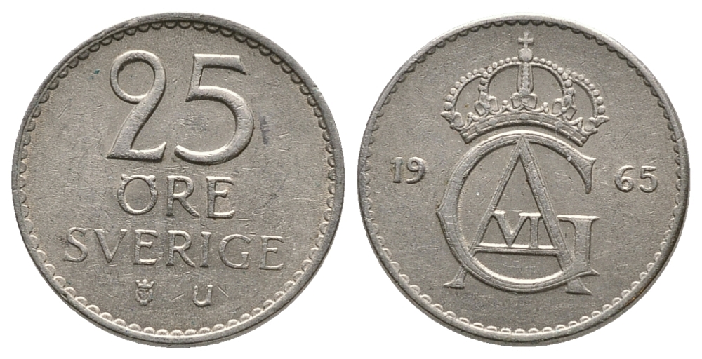 Швеция 25 эре 1965 U, Густав VI Адольф (1950-1973) KM 836 медно-никель 75-821
