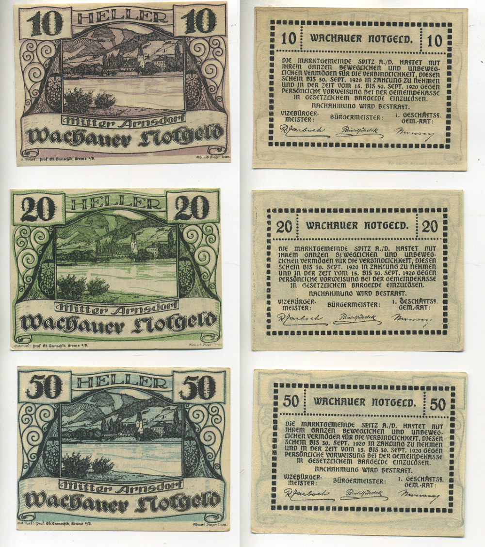 АВСТРИЯ, ВАЧАУ НАБОР ИЗ 3 БАНКНОТ 1920 30 СЕНТЯБРЯ 1920, НОТГЕЛЬД, 10, 20, 50 ГЕЛЛЕРОВ, MITTER ARNSDORF, ПЕРВЫЙ ВЫПУСК бумага aUNC 70-20-3