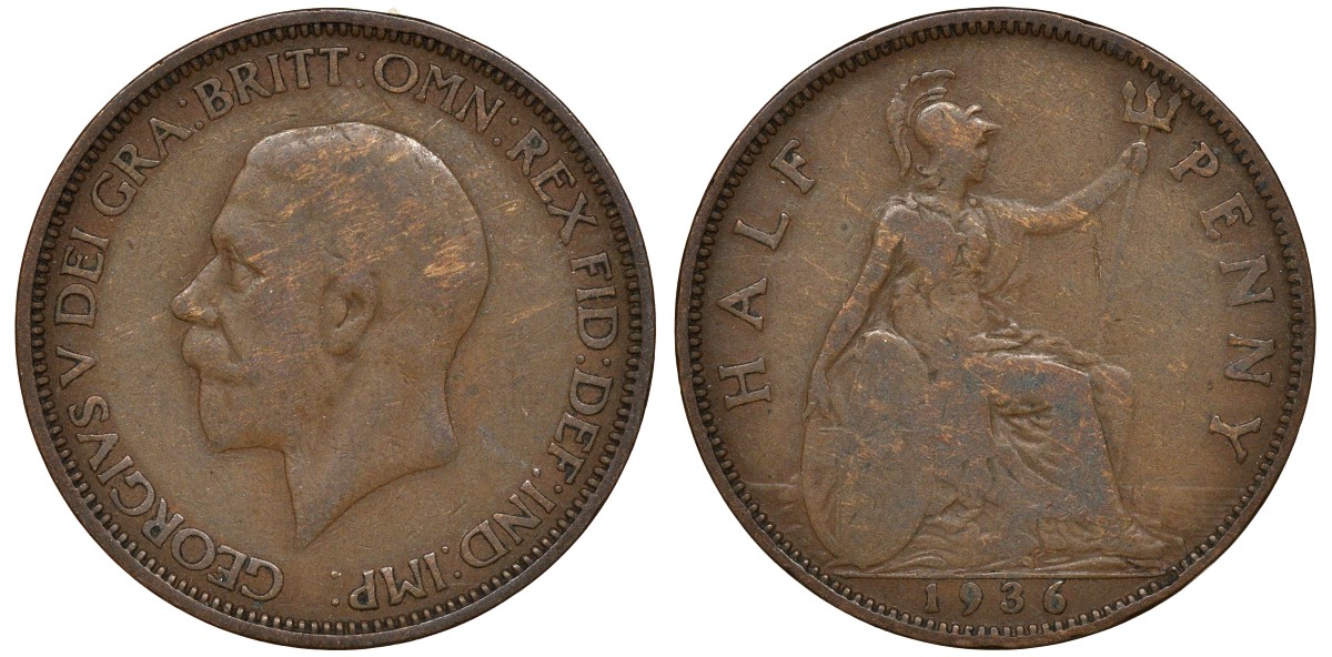 Великобритания 1/2 пенни 1936 Георг V (1910-1936) KM 837, Spink 4058 бронза 4163-545