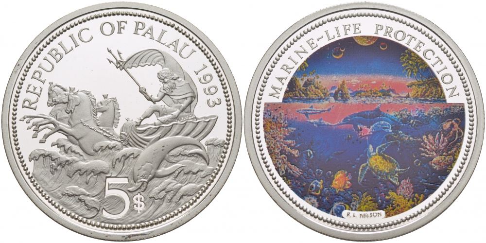 Палау 5 долларов 1993 морской мир, цветная эмаль KM 4 серебро PROOF 00-000-00