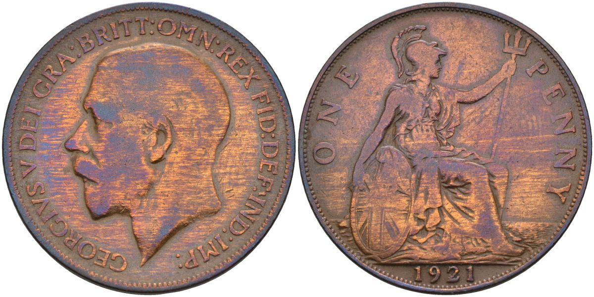 Великобритания 1 пенни 1921 Георг V (1910-1936) KM 810, Spink 4051 бронза 4117-814