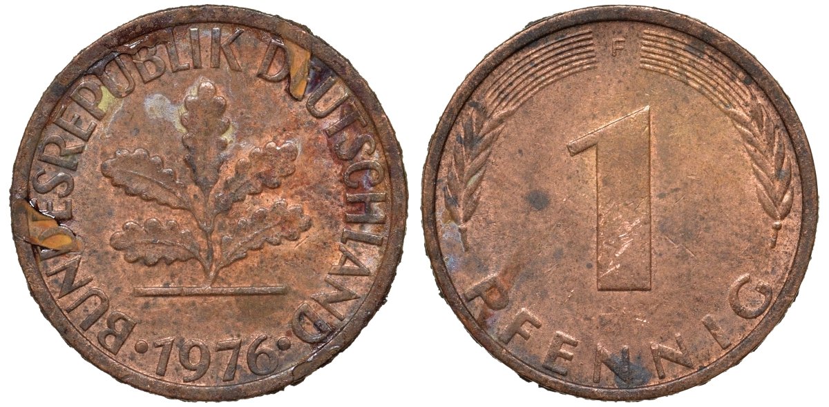 ФРГ 1 пфенниг 1976 F KM 105, J.380 сталь плакированная медью 4174-447
