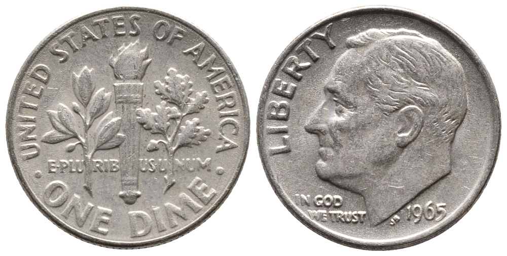 США 10 ЦЕНТОВ = 1 ДАЙМ 1965 РУЗВЕЛЬТ KM 195а медь плакированная медно-никелем 73-167