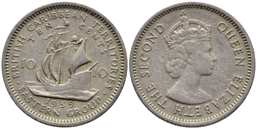 Британские Восточно-Карибские территории 10 центов 1959 Елизавета II (1952-2022), парусник KM 5 медно-никель 4387-665
