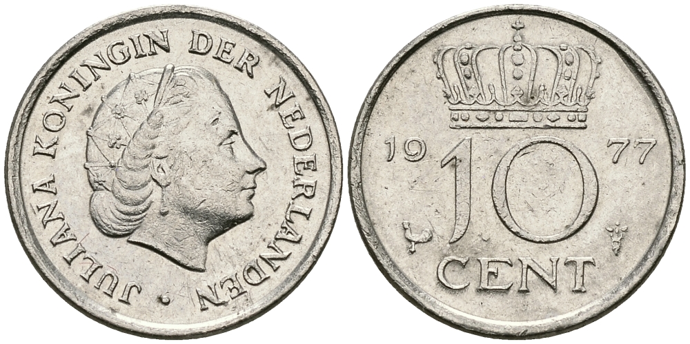 НИДЕРЛАНДЫ 10 ЦЕНТОВ 1977 ЮЛИАНА KM 182 никель 96-414