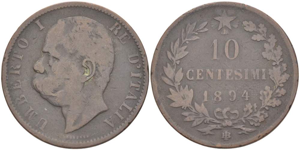 Италия 10 чентезимо 1894 B/I, Умберто I (1878-1900) KM 27.1 медь 4526-1022