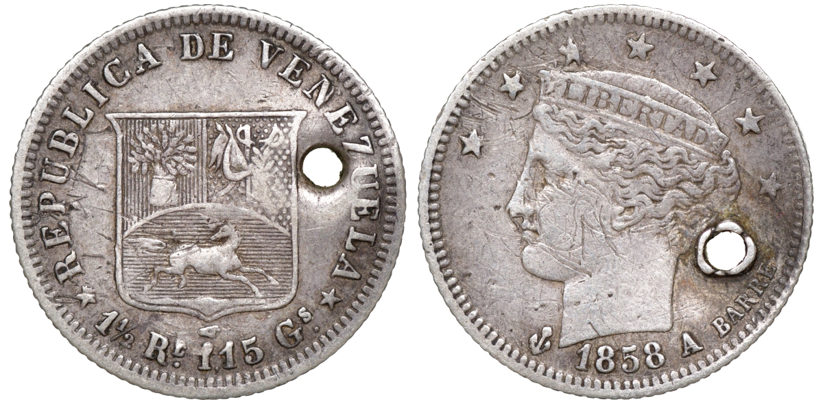 Венесуэла 1/2 реала 1858 стоимость на реверсе показана как 1 1/2 реала, но эта монета номиналом 1/2 реала Y 8 серебро 1529-541