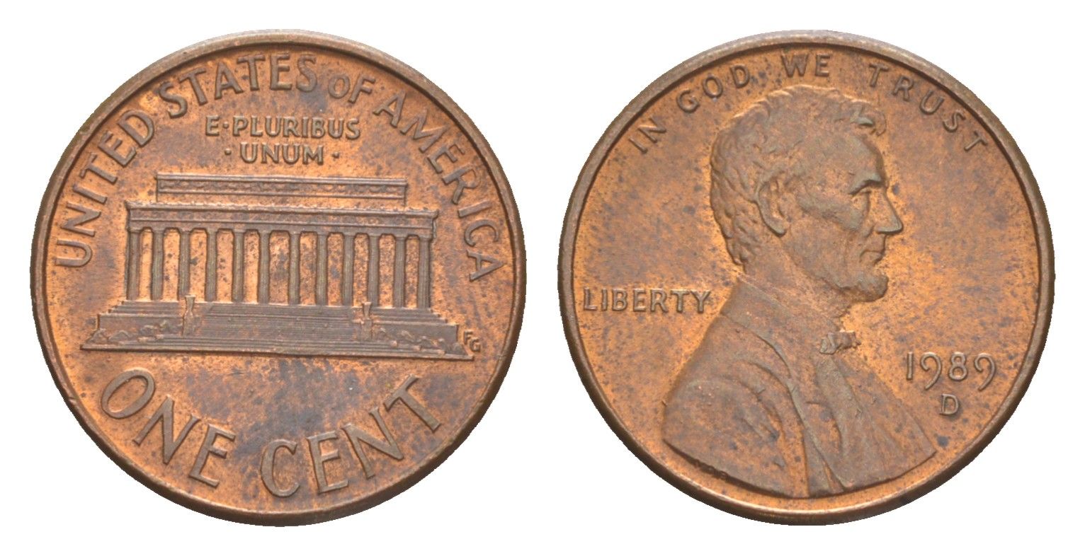 США 1 цент 1989 D, Авраам Линкольн KM 201b цинк плакированная медью UNC 4649-1245