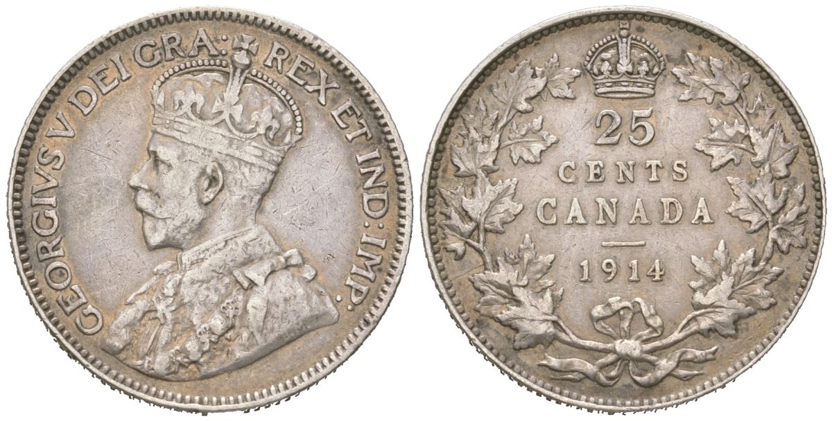 Канада 25 центов 1914 KM 24 серебро 4044-312