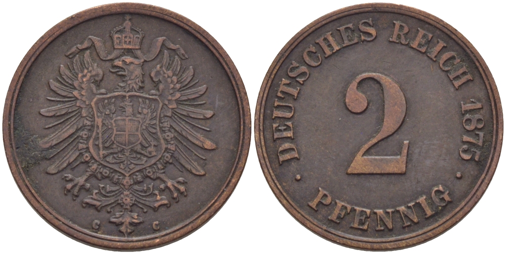 ГЕРМАНИЯ 2 ПФЕННИГА 1875 G, СТАРОГЕРБОВКА KM 2, J.2 медь 100-315