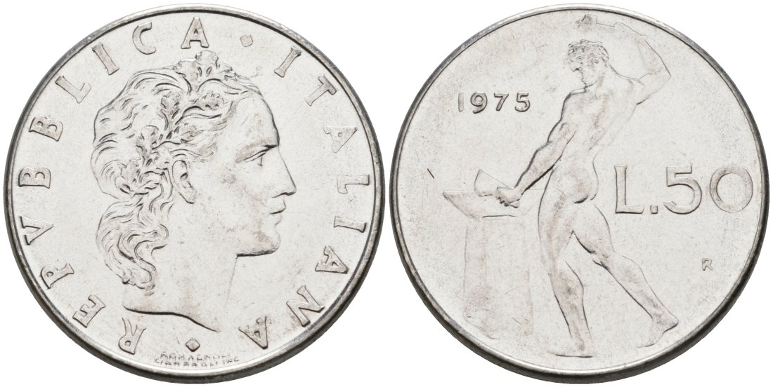 Италия 50 лир 1975 R, Бог огня Вулкан у наковальни KM 95.1 нержавеющая сталь 4571-525