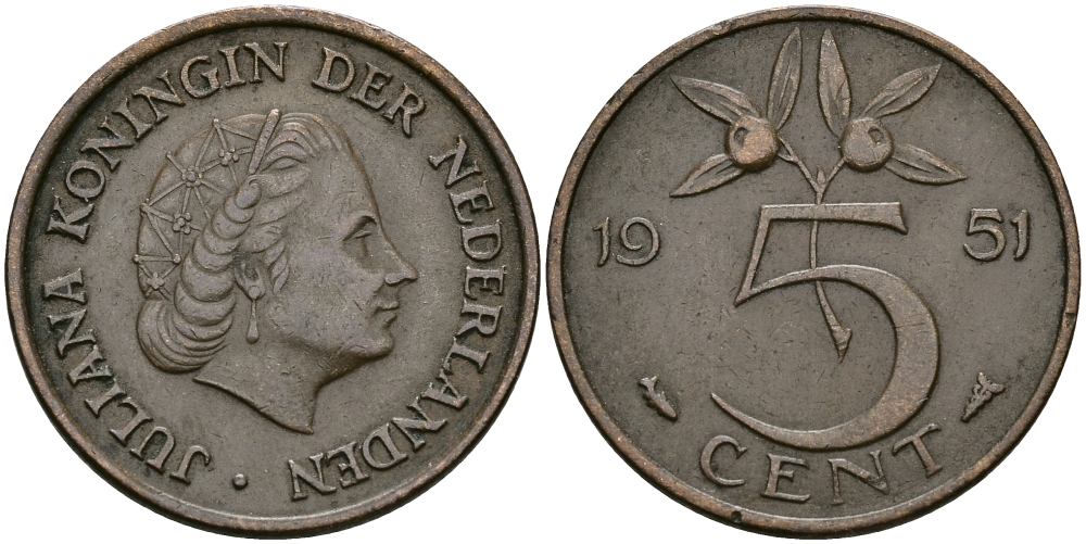 НИДЕРЛАНДЫ 5 ЦЕНТОВ 1951 ЮЛИАНА KM 181 бронза 95-243