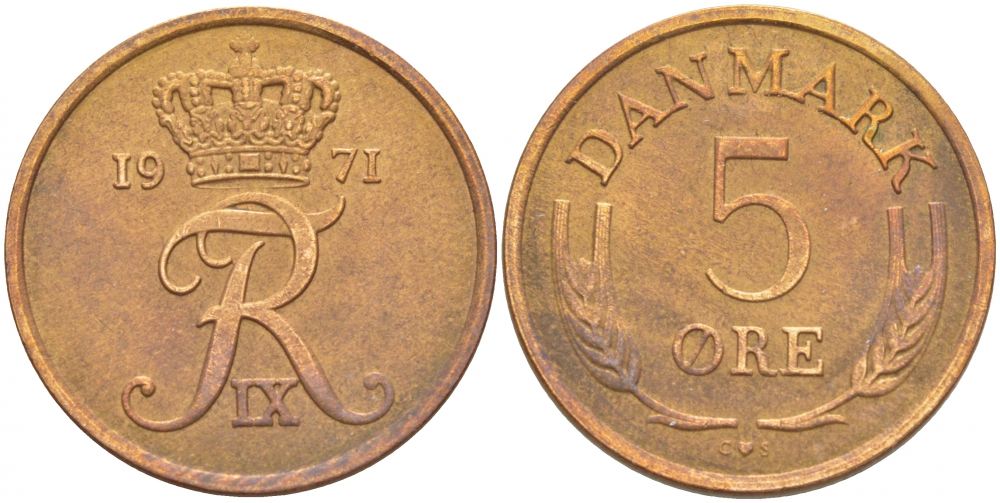ДАНИЯ 5 ЭРЕ 1971 C; S, ФРЕДЕРИК IX (1947-1972) KM 848.1 бронза 87-1423