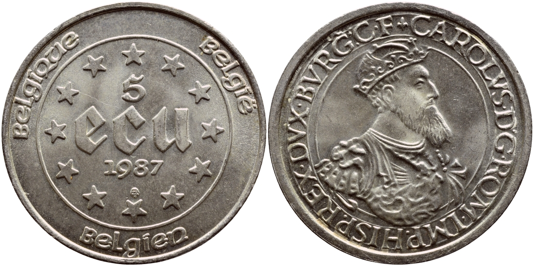 Бельгия 5 экю 1987 30 лет Римскому договору, Карл V Габсбург (1500-1558) KM 166 серебро UNC 633-632