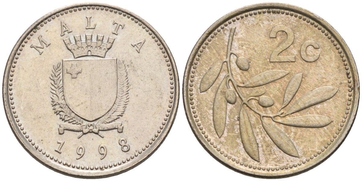 Мальта 2 цента 1998 оливковая ветвь KM 94 медно-никель 218-1235
