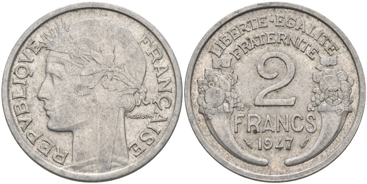 Франция 2 франка 1947 тип Morlon KM 886a.1, Le Frank 369.10 алюминий 4116-1146