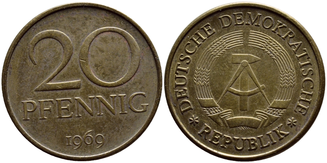 ГДР 20 пфеннигов 1969 А, первый год KM 11 латунь UNC 54-1334