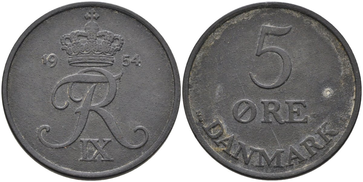 Дания 5 эре 1954 Фредерик IX (1947-1972) KM 843 цинк 88-1243