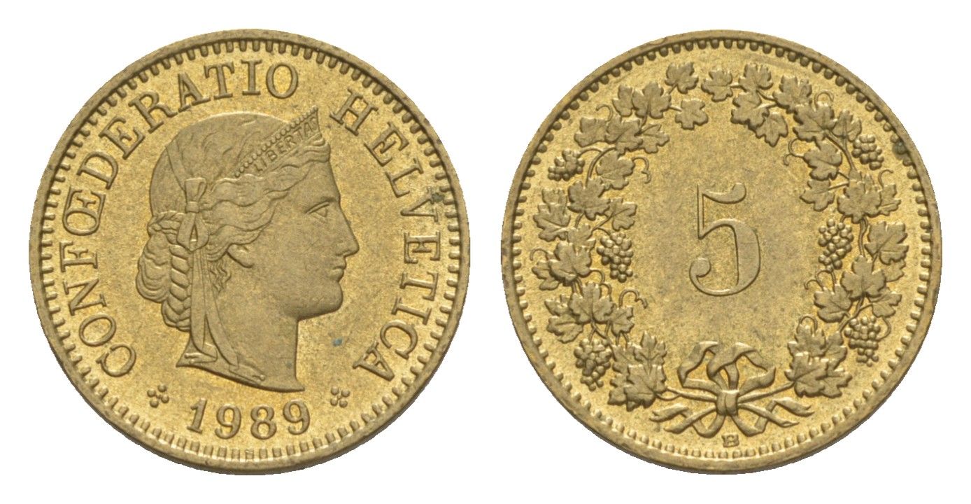 Швейцария 5 раппенов 1989 B KM 26c алюминиевая бронза 4609-254