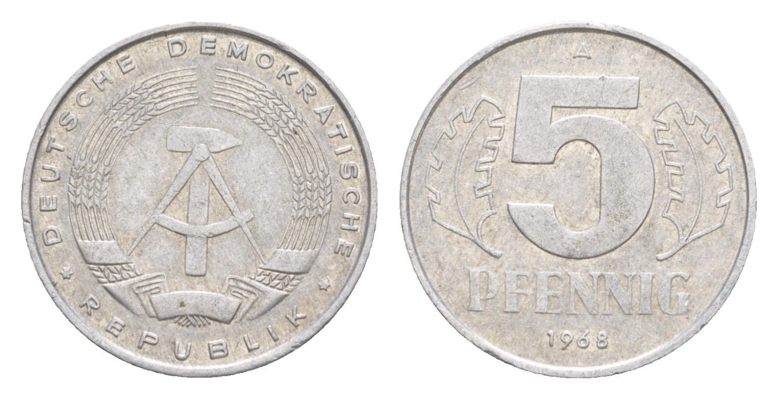 ГДР 5 пфеннигов 1968 KM 9.1 алюминий 4643-415