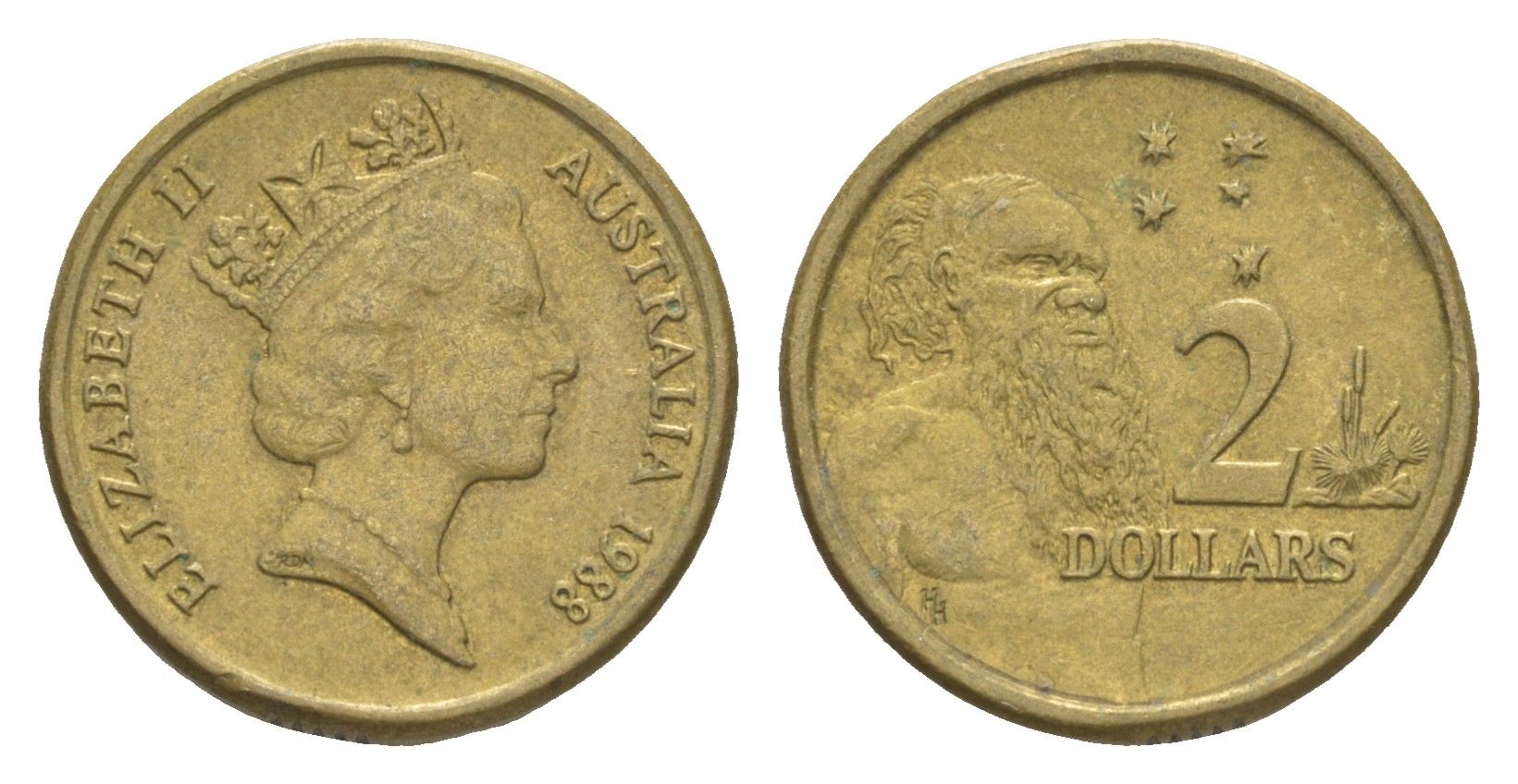 Австралия 2 доллара 1988 абориген, Елизавета II (1952-2022) KM 101 алюминиевая бронза 4652-227