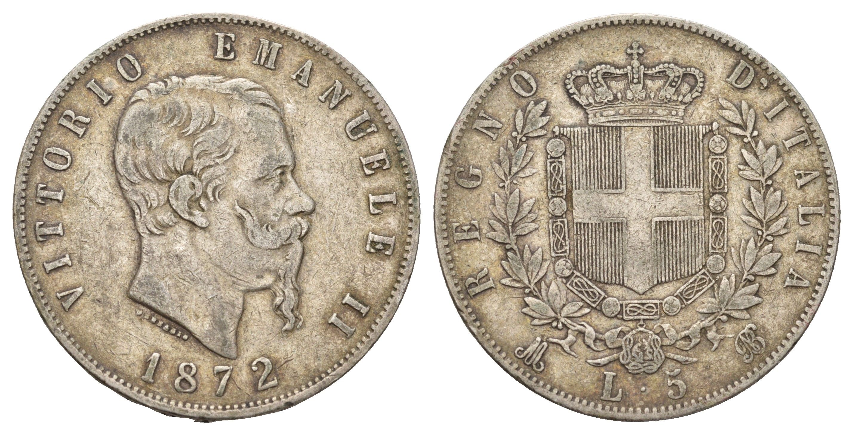 Италия 5 лир 1872 M BN, Виктор Эммануил II (1861-1878) KM 8.3 серебро 413-543