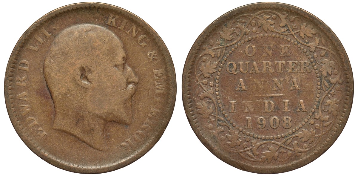 Британская Индия 1/4 анна 1908 Эдуард VII (1901-1910) KM 502 медь 4556-417
