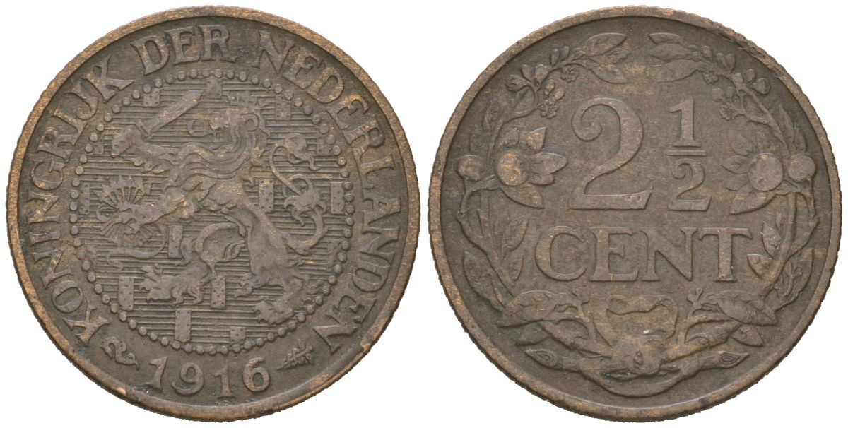 Нидерланды 2 1/2 цента 1916 Вильгельмина (1890-1948) KM 150 бронза 4582-1223