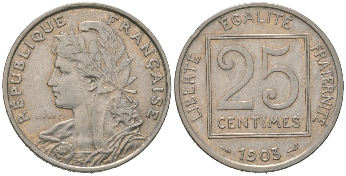 Франция 25 сантимов 1903 KM?855, Le Franc 168 никель 4584-1016