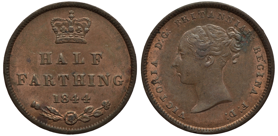 Великобритания 1/2 фартинга 1844 Виктория (1837-1901) KM 738, Spink 3951 медь 1523-1211
