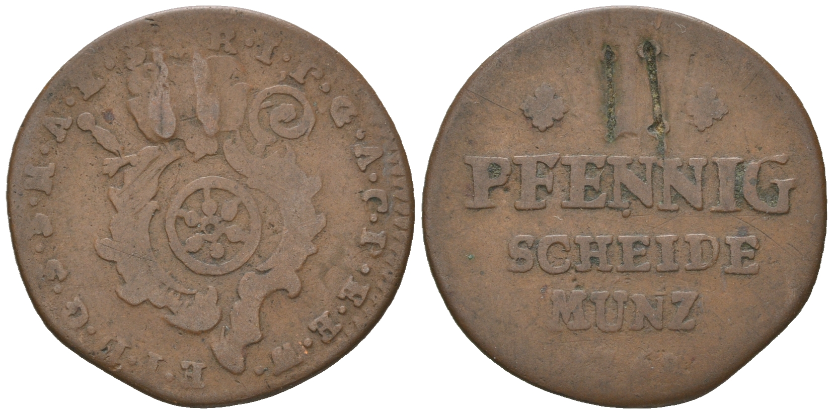 Майнц 2 пфеннига 1768 Эммерих Йозеф фон Брайдбах Бюрресхайм (1763-1774) KM 301, Walther 631 медь 54-869